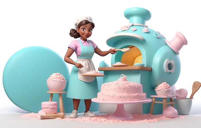 New 3d Character Illustration of Female Baker Creating Cake